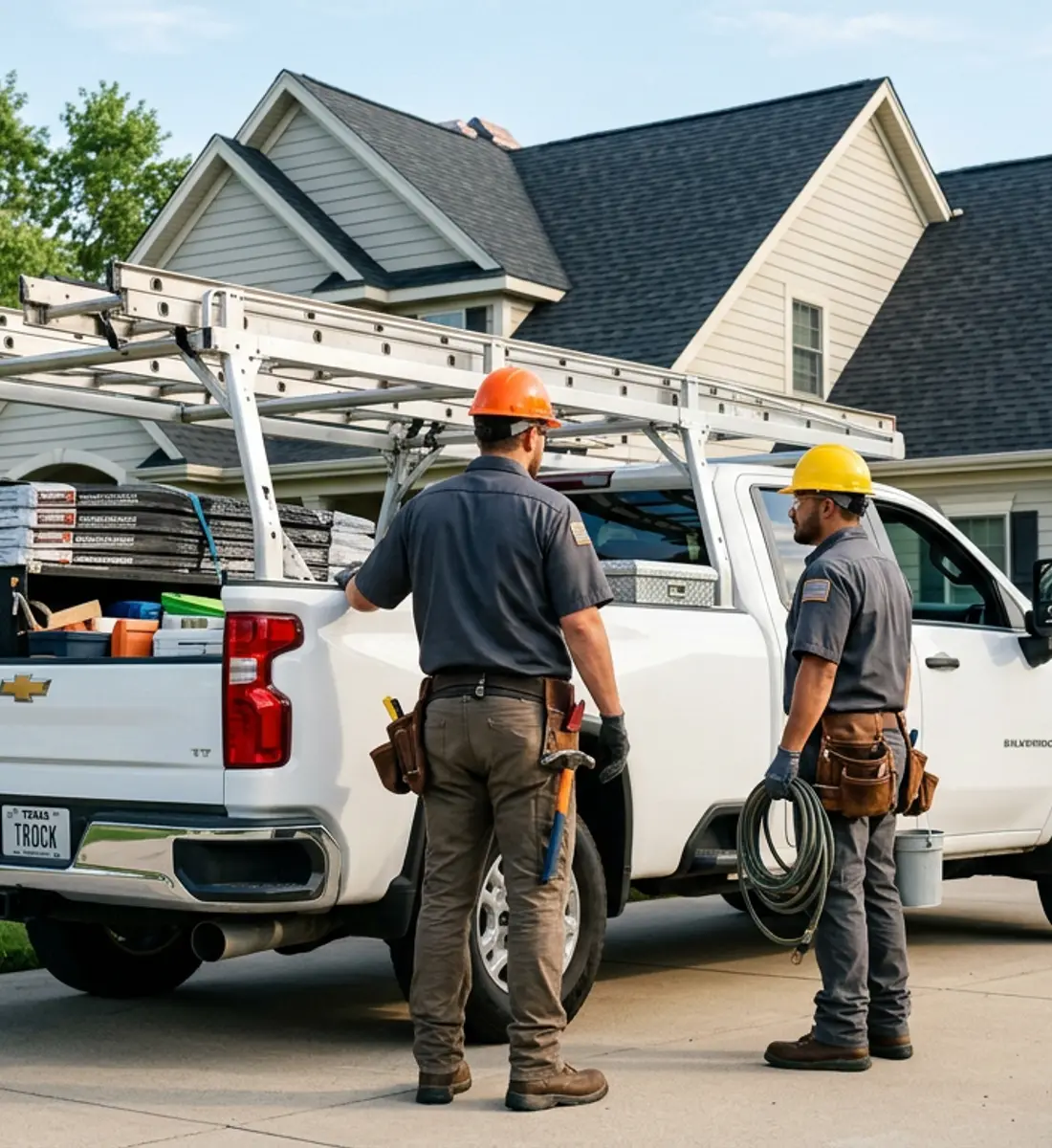 Two Ridgeline roofers beside a work truck loaded with shingle bundles in a suburban driveway