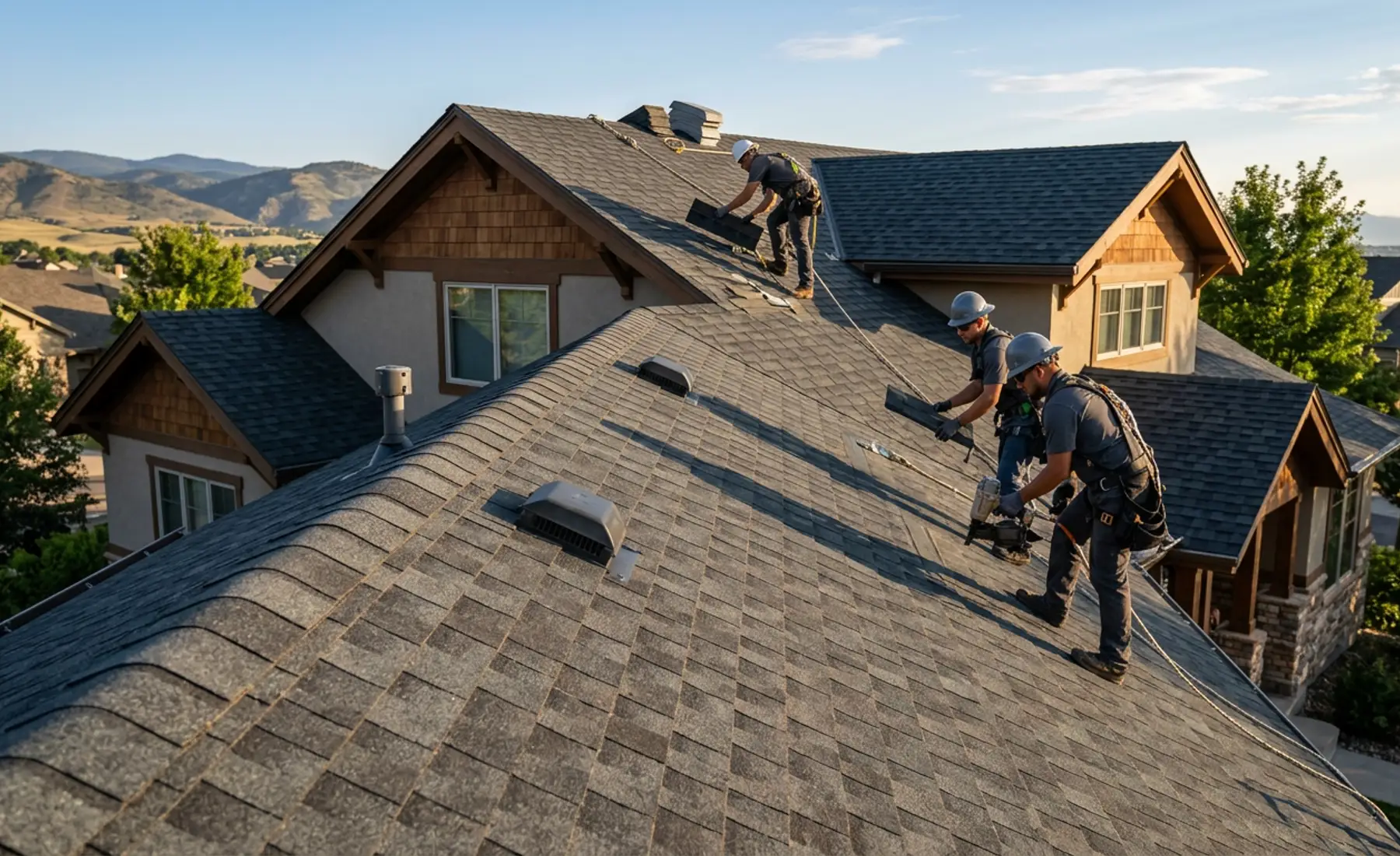 A Ridgeline crew laying architectural shingles on a two-story home with the Front Range foothills behind them